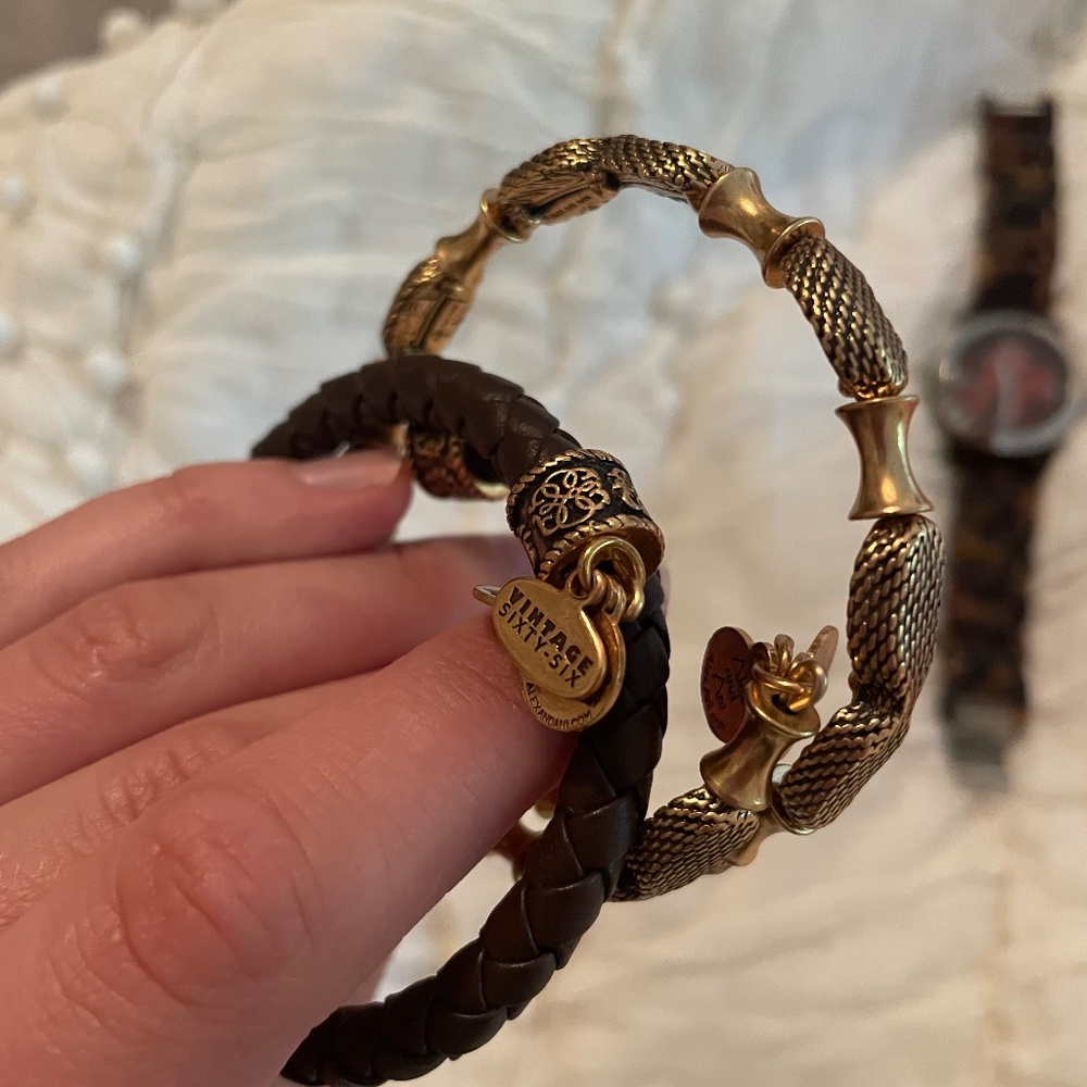 ALEX & ANI gold beehive wrap bracelet and brown leather wrap bracelet vintage 66